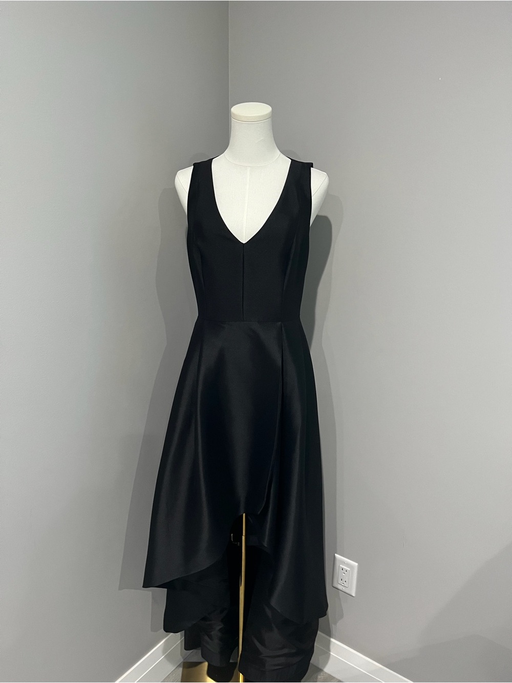 Calvin Klein Black Satin High-Low V-Neck Dress